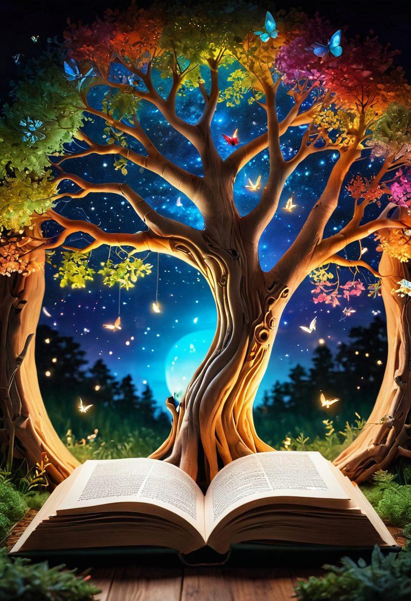 A whimsical landscape featuring a giant open book where vibrant, colorful scenes of different worlds emerge from its pages. Children of diverse backgrounds joyfully explore these realms, representing imagination and reading. Soft, glowing light symbolizes hope and a brighter future, with a tree growing out of the book, its branches adorned with glowing words and letters. This enchanting scene conveys the magical connection between reading skills and creativity. vibrant colors. dreamy atmosphere. 3D.