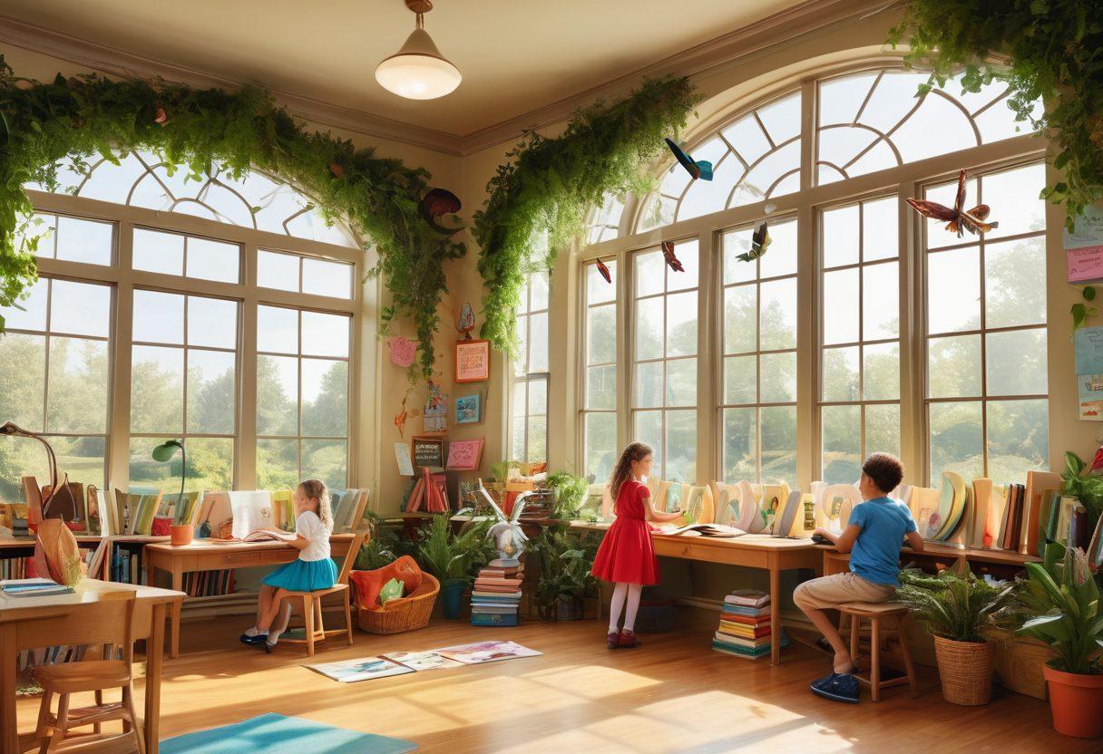A whimsical classroom scene where children are playfully interacting with oversized books, using colorful props like magnifying glasses and fairy wings, surrounded by floating letters and illustrations of classic story characters. Light streams in through large windows filled with greenery, creating an enchanting atmosphere that celebrates creativity in learning. vibrant colors. super-realistic.