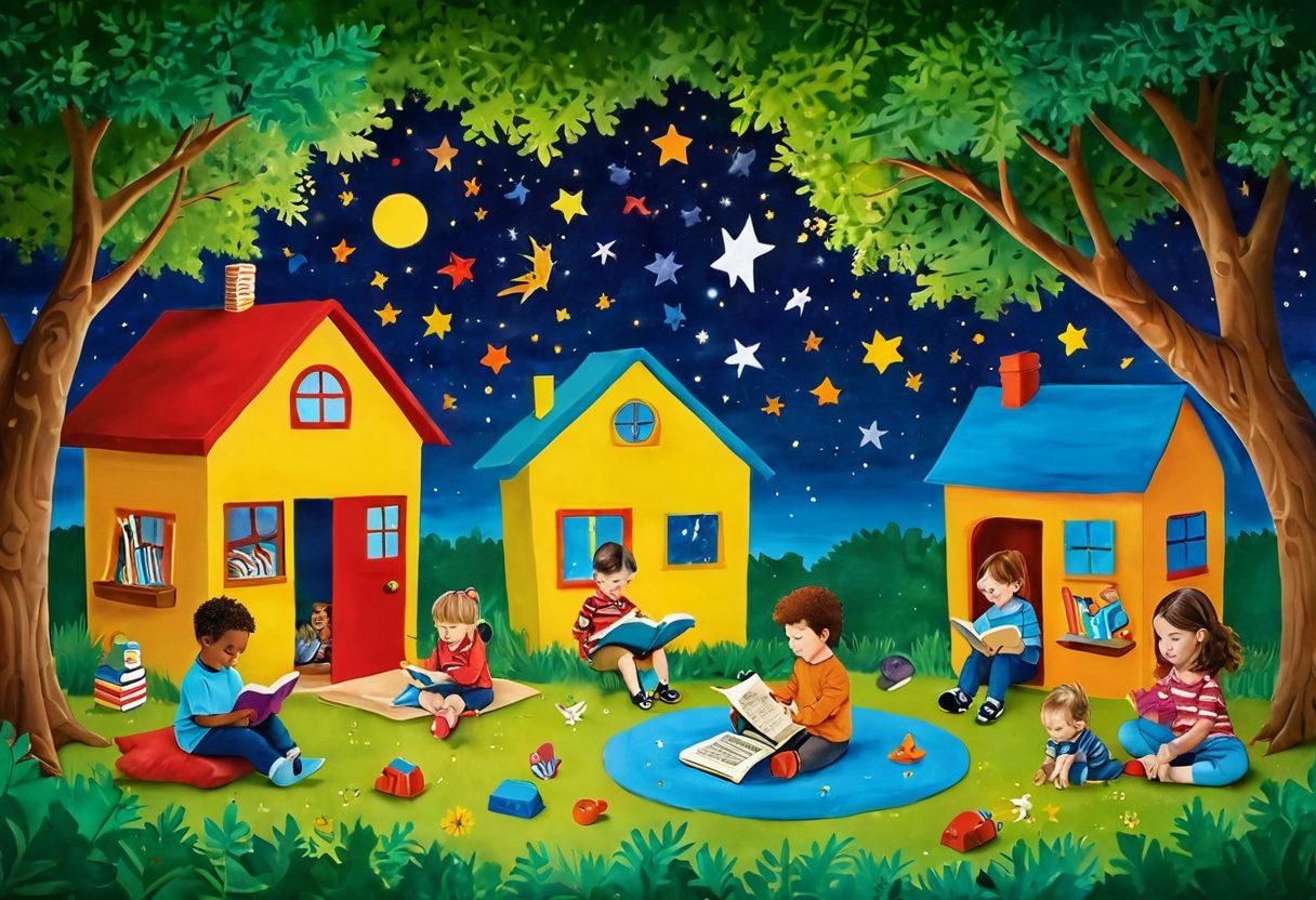 A whimsical and colorful scene showcasing children engaged in various fun learning activities that spark their imagination about reading. Include a cozy reading nook with oversized books, playful characters coming to life from story pages, and children using creative tools like crayons and puppets. Add a vibrant backdrop filled with trees, stars, and floating letters to emphasize creativity and adventure. super-realistic. vibrant colors. children's illustration.